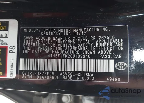 2012 Toyota Camry Se Limited Edition z USA, uszkodzony, nr VIN 4T1BF1FK2CU199910